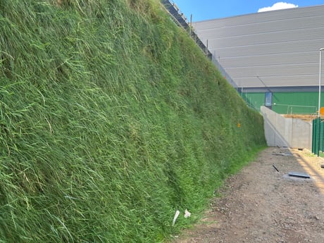 Rootlok geogrid reinforced retaining wall, vegetated, commercial units in Nuneaton